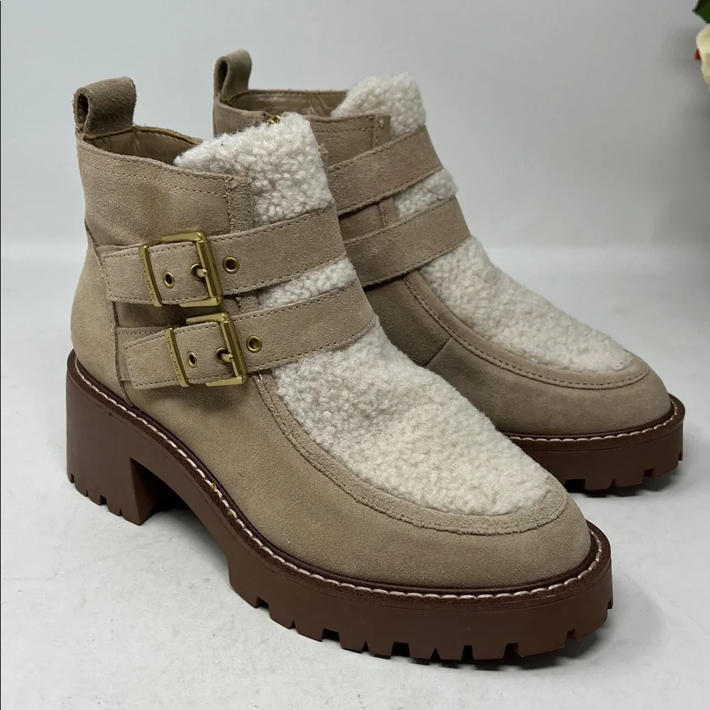 VINCE CAMUTO Destonny Cozy Buckle Booties Tan Suede and Sherpa Side Zip Sz 6 new